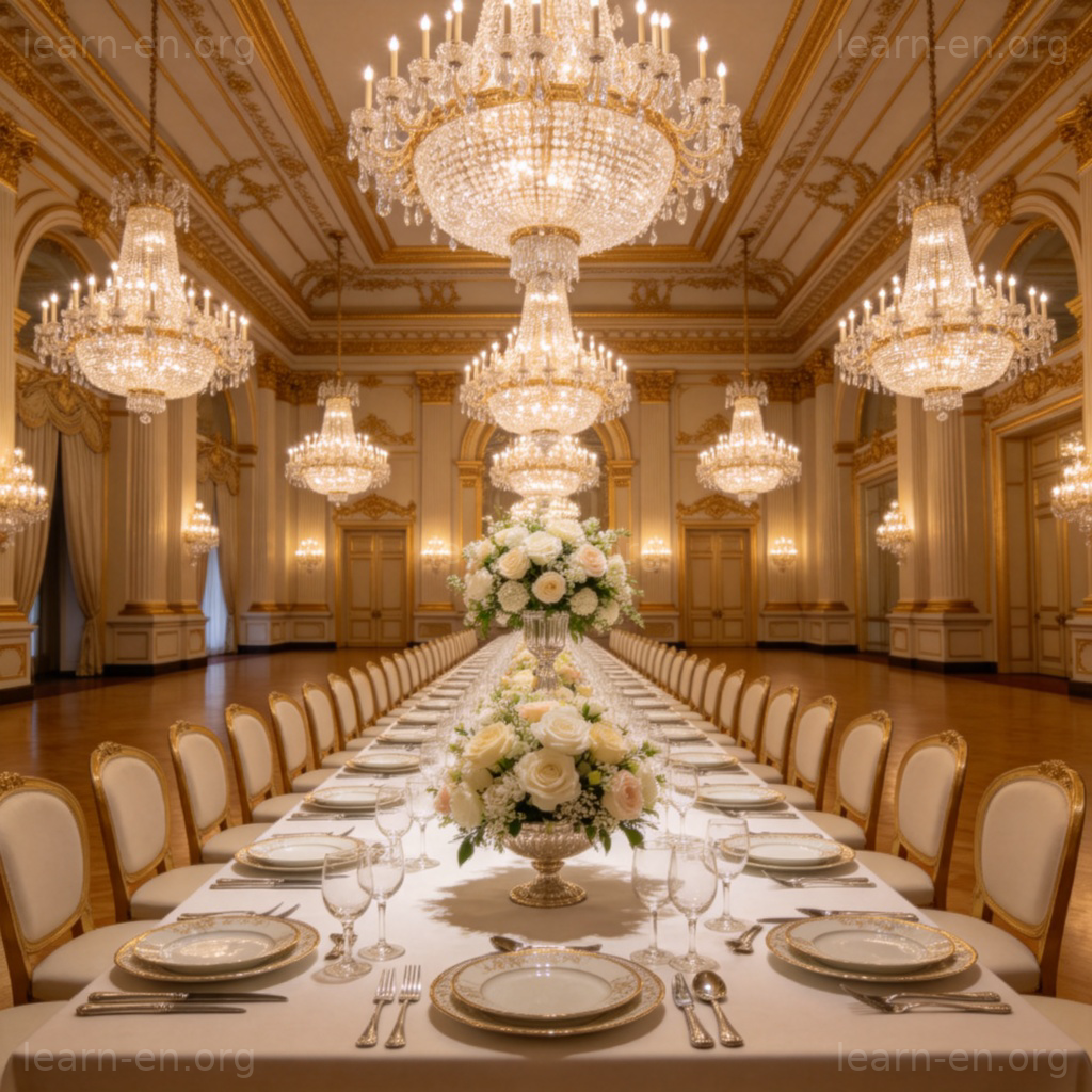 A grand, elegant ballroom with high ceilings and sparkling crystal chandeliers. A long table is set with fine china, silverware, and elaborate floral centerpieces. The scene is bright, luxurious, and empty of people, focusing on the splendid setting. No text.