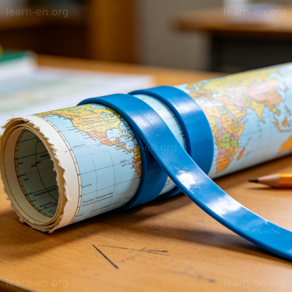 Rubber Band 图解：蓝色橡皮筋捆扎卷起的世界地图