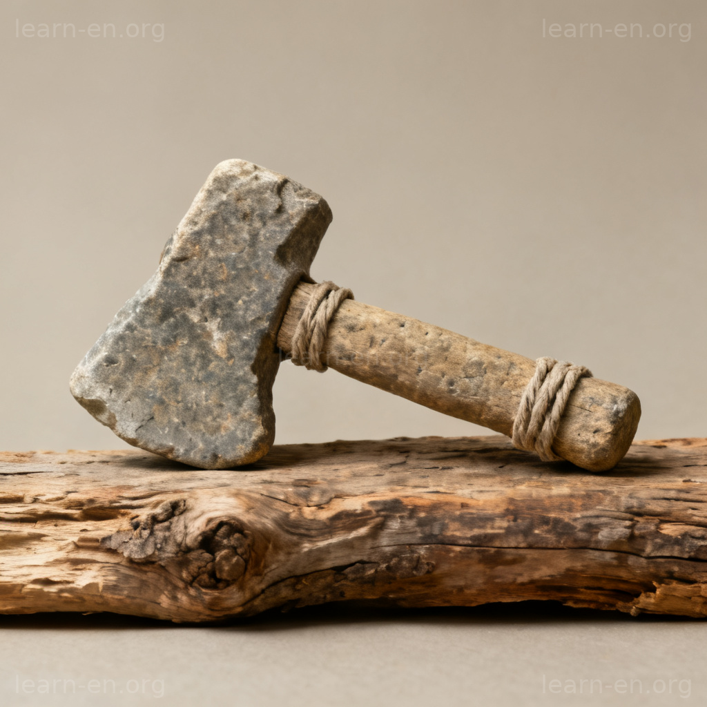 Rude primitive tool example: a crudely made stone axe on rough wood background.