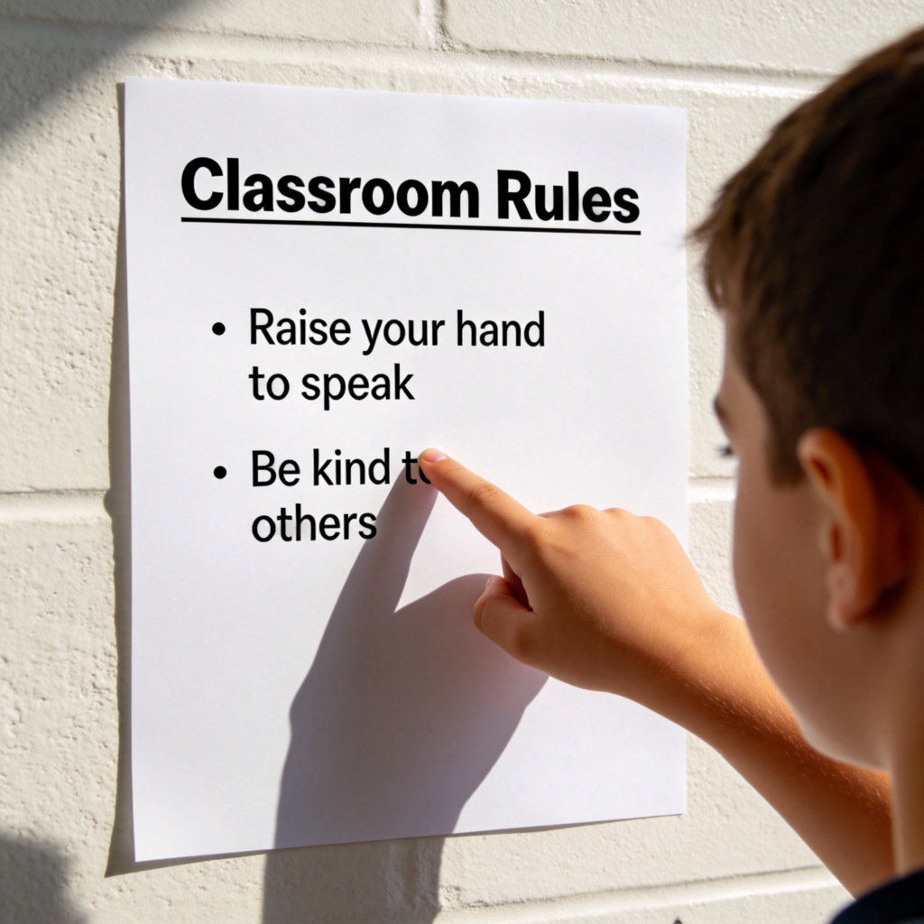 A close-up view of a clearly printed list titled 'Classroom Rules' posted on a school wall. The list includes items like 'Raise your hand to speak' and 'Be kind to others'. A student's hand is pointing at one of the rules. Bright, even lighting on the paper. No text other than the list itself.
