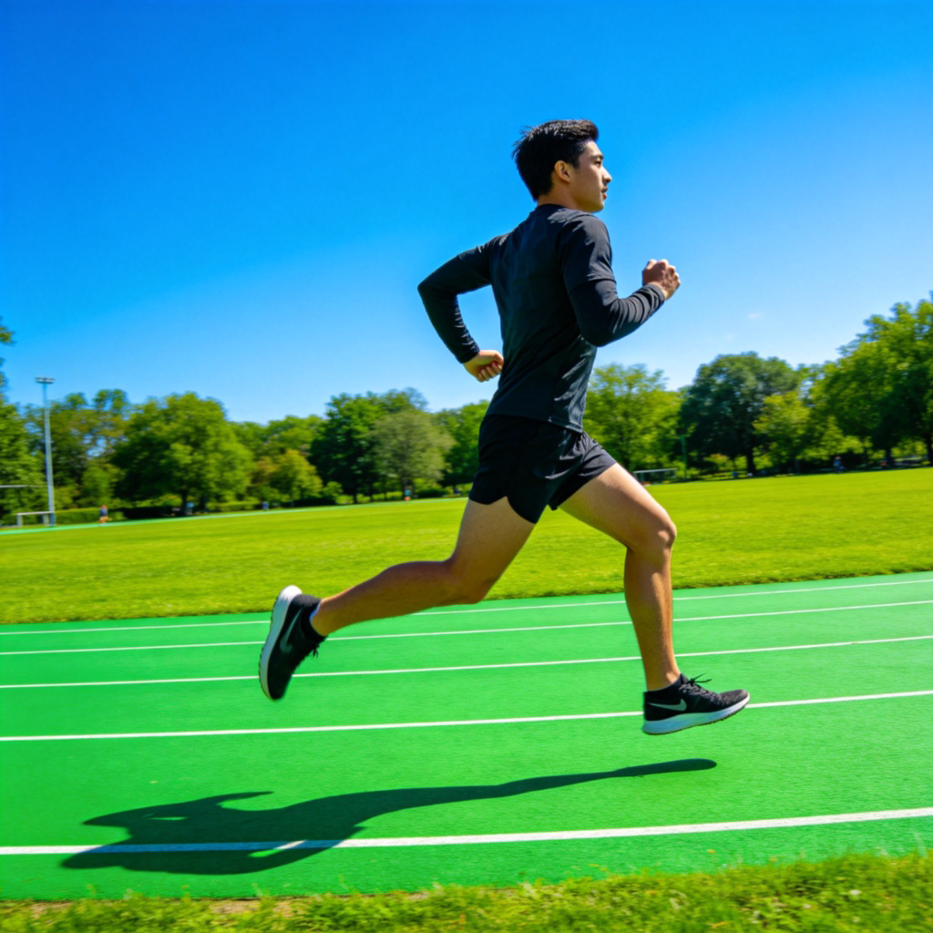 A person, side view, in athletic clothes, mid-stride running on a bright green park track. The motion is dynamic, showing leg movement clearly. Sunny day, blue sky in background. Focus on the runner's form.