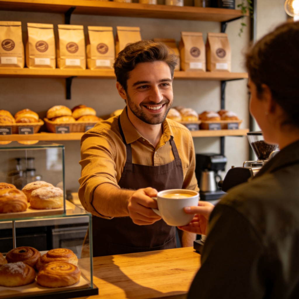 A person, likely a shop owner, standing behind the counter of a cozy café. They are smiling while handing a cup of coffee to a customer. The scene shows shelves with coffee bags and pastries in the background. Warm lighting.