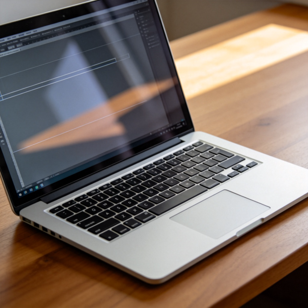 A close-up of a modern silver laptop with its screen on, showing a simple software interface or a web browser. The laptop is on a wooden desk, with a faint reflection on the screen to indicate it's powered on and running.