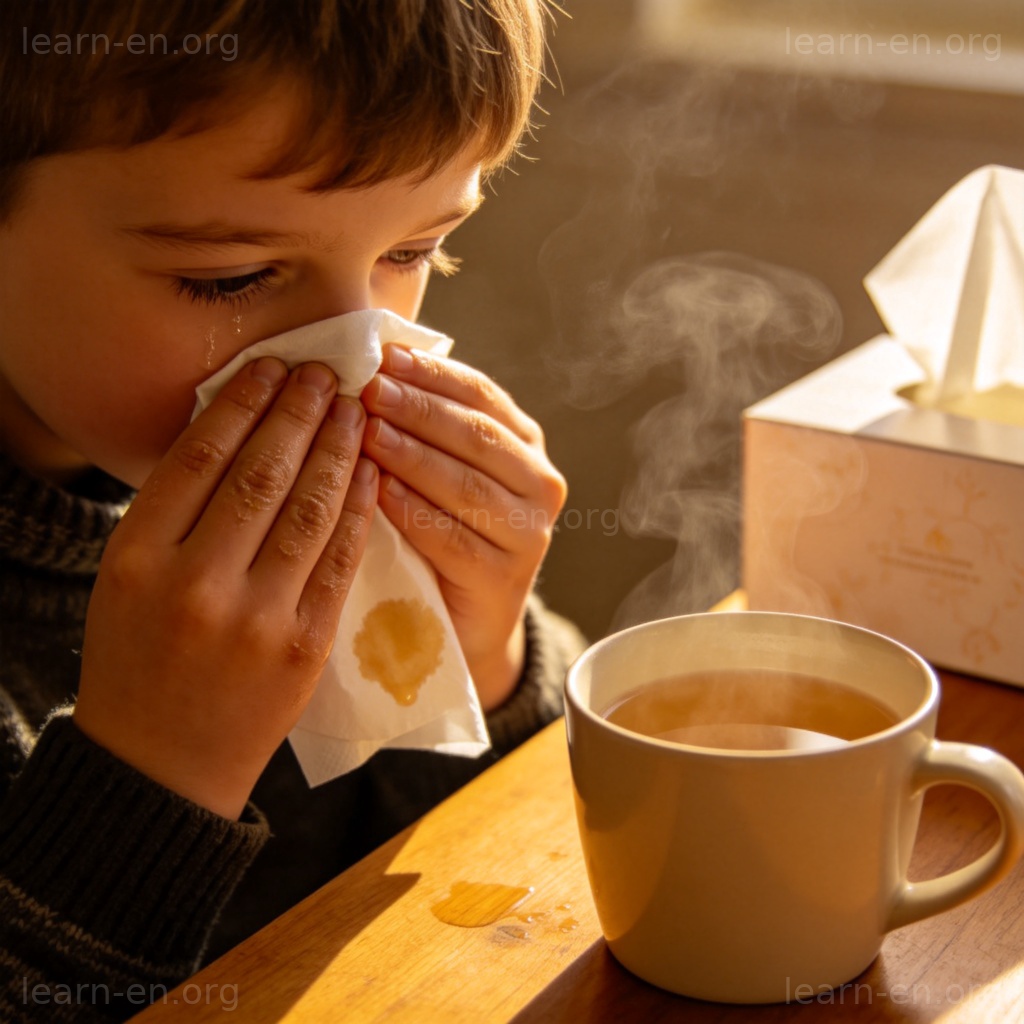 Child wiping runny nose with tissue, warm drink and tissue box nearby
