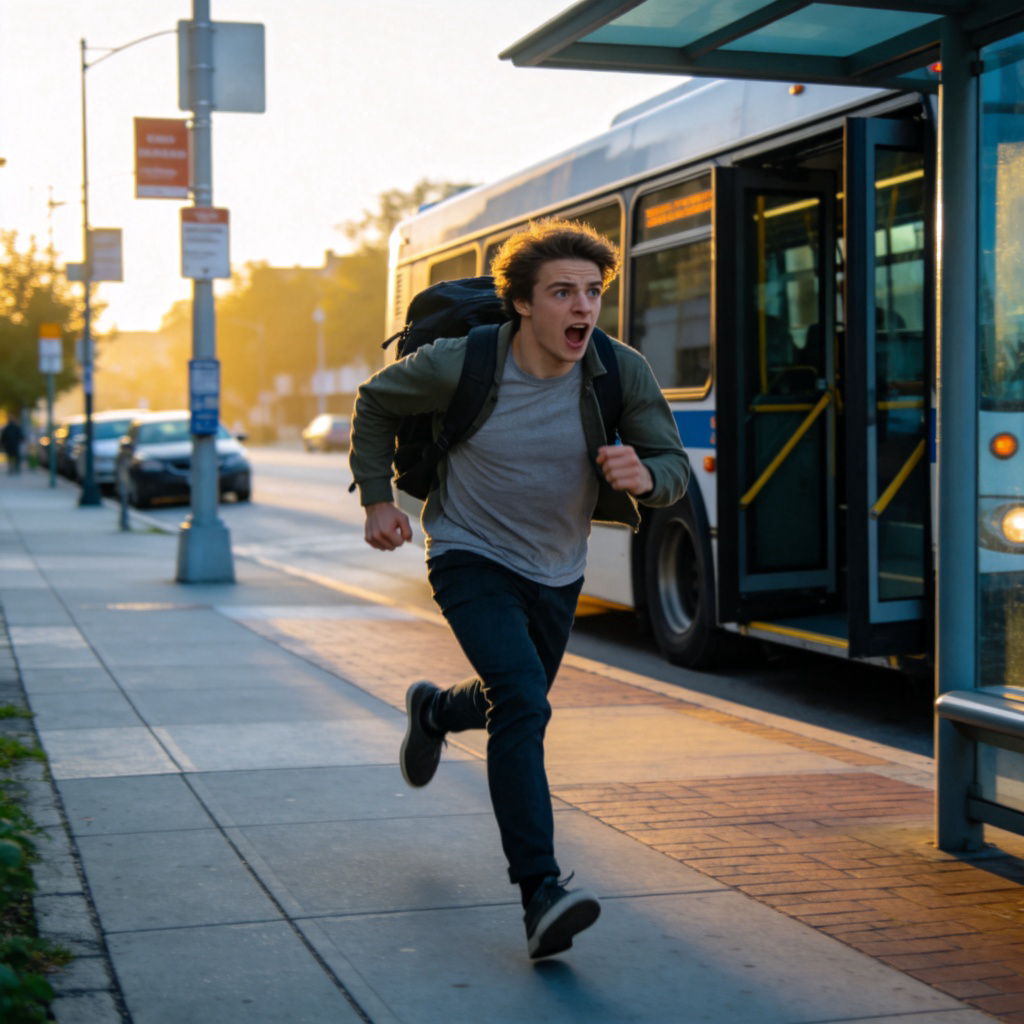 A person running desperately towards a bus stop, with a backpack bouncing on their back. The bus is visible in the distance with its doors closing. Early morning light, urban street background. The focus is on the person's hurried motion and anxious expression. No text.