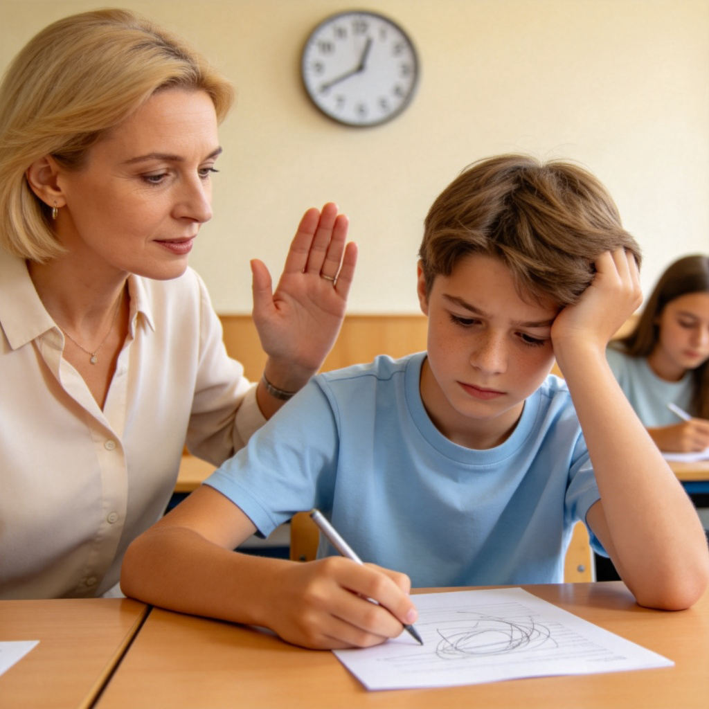 A teacher gently holding up a hand towards a stressed-looking student who is scribbling on a paper. A clock is on the wall showing time is passing. Calm classroom setting. The focus is on the interaction between the patient teacher and the rushed student. No text.