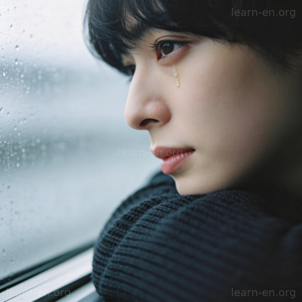 Sad person sitting by window in rain
