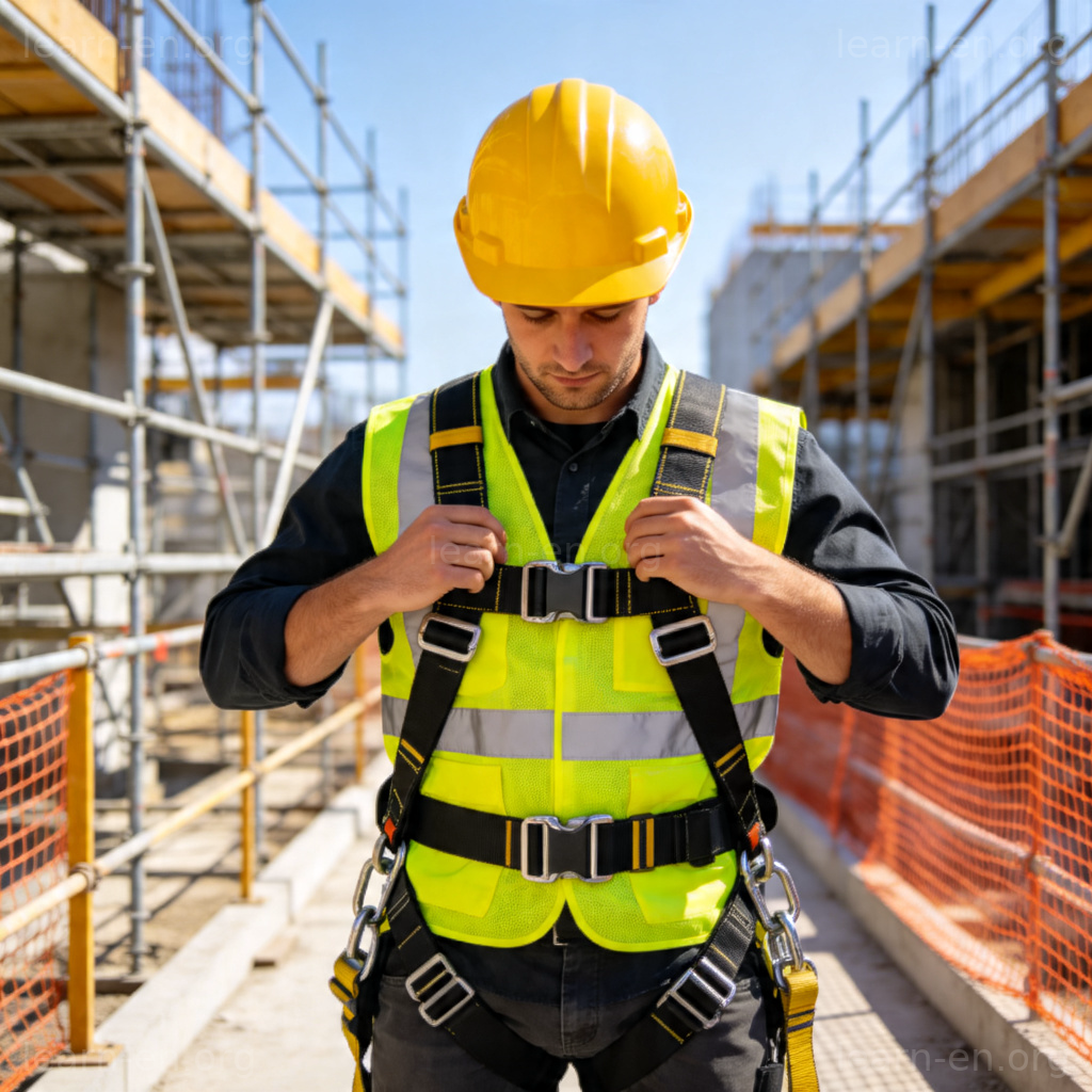 Construction worker in safety gear checking harness on site