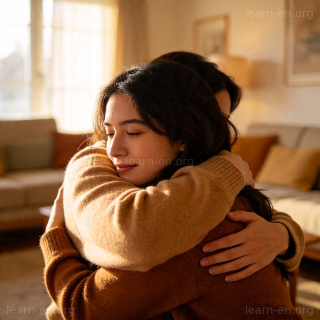 Comforting hug conveying safety and emotional security at home