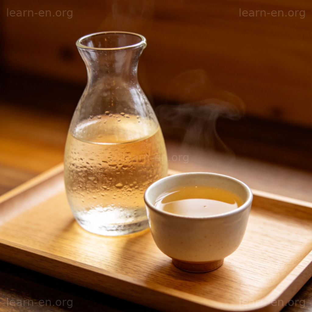 日本清酒 sake 图解：盛在陶瓷杯中的温热米酒特写