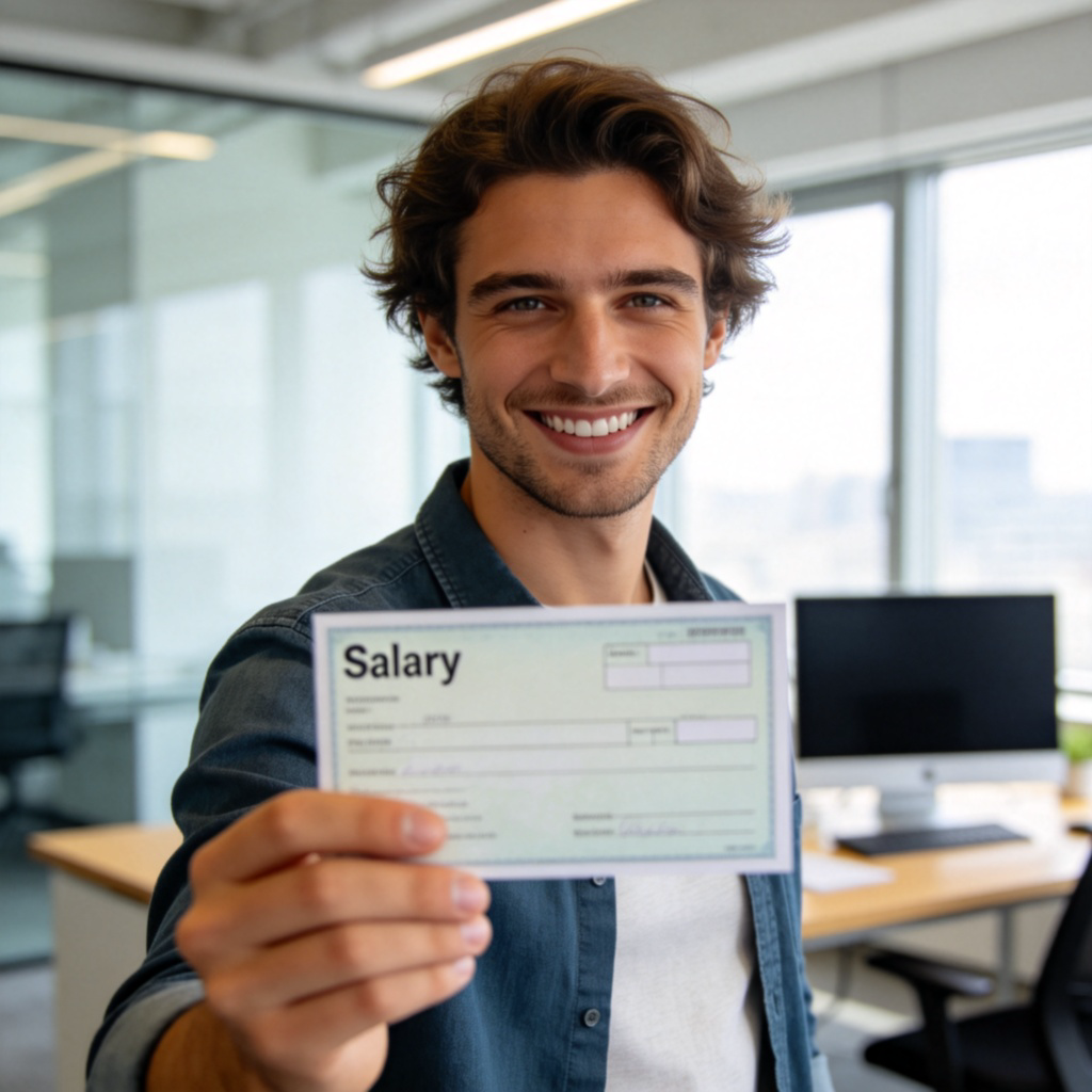 A smiling person in casual office attire, holding a realistic paper paycheck with the word 'Salary' visible on it, standing in a bright, modern office with a desk and computer in the background. The focus is on the paycheck and the person's happy expression. Natural lighting, photorealistic style, no text or logos.