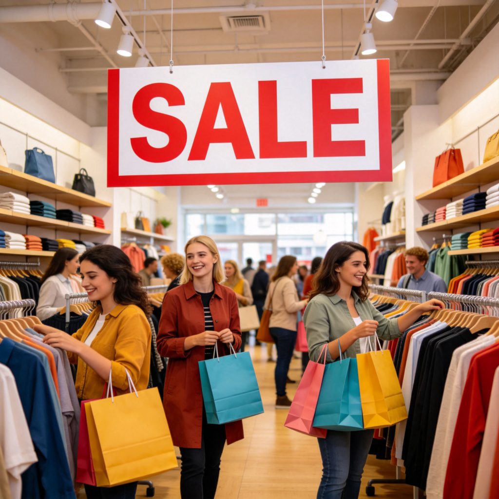 A bright retail store interior, with a large red and white sign reading ‘SALE’ hanging from the ceiling. Shoppers are browsing through clothing racks and shelves with visible discounted price tags. The atmosphere is lively and busy. Photorealistic style, natural lighting, focus on the SALE sign and happy shoppers with shopping bags. No text on price tags.