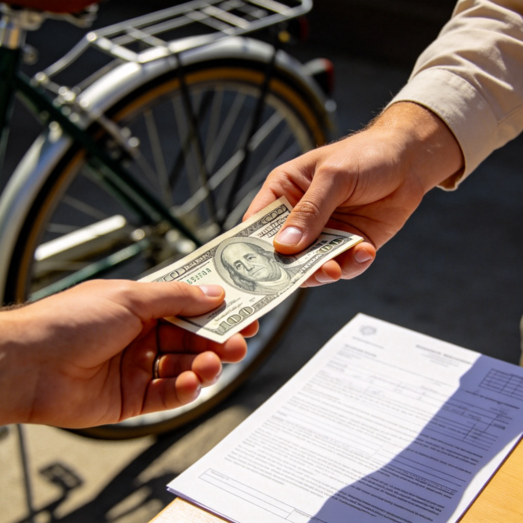 Close-up shot of a person’s hand handing over cash to another person’s hand, with a bicycle visible in the background. The focus is on the exchange of money, symbolizing the completion of a sale. A simple receipt or contract lies nearby. Warm, natural lighting, realistic detail on hands and money. No text.