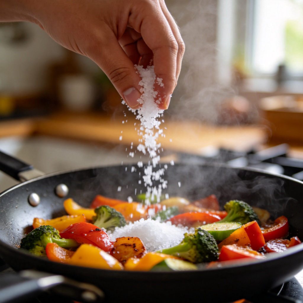 A close-up shot of a person’s hand gently pinching coarse white salt crystals over a pan of sizzling, colorful vegetables. The salt is falling in a fine stream. Warm kitchen lighting, focus on the action. No text.