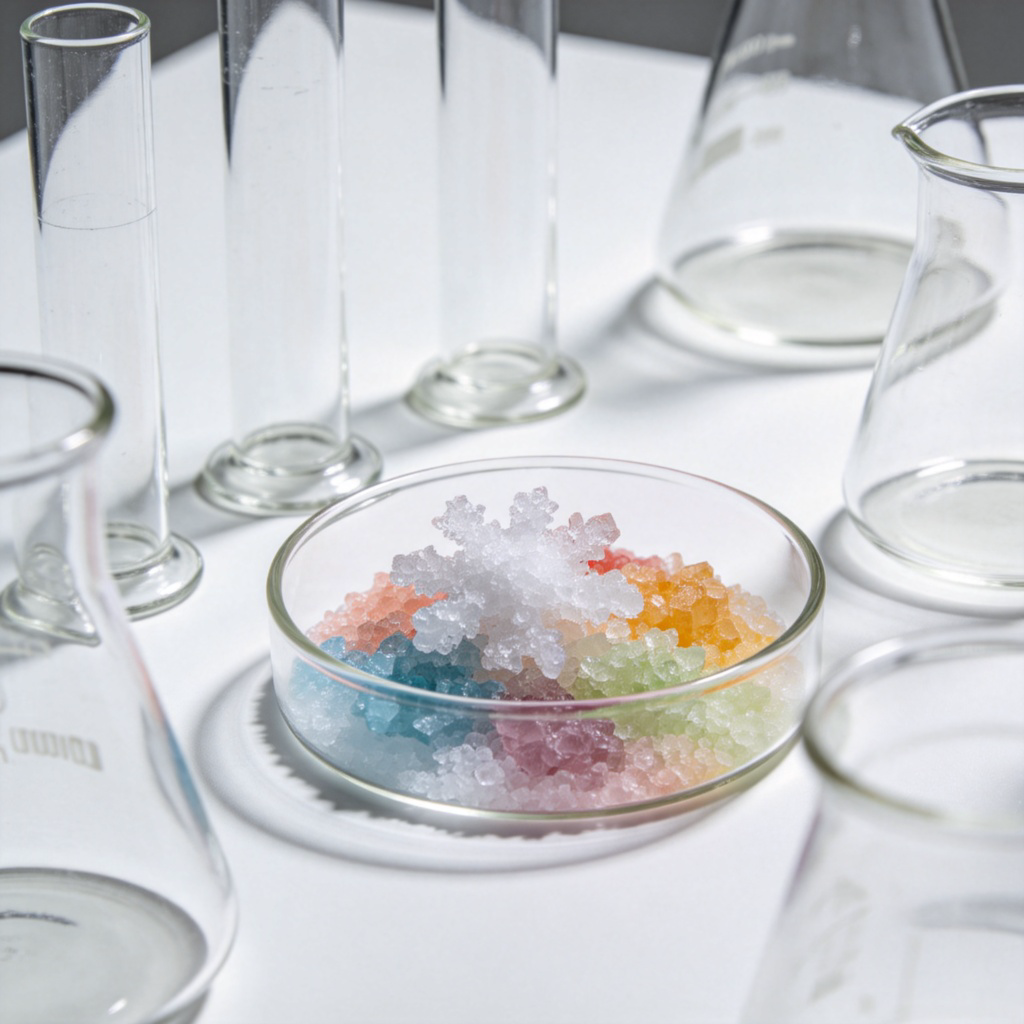 A science laboratory setting with clear glass beakers and test tubes on a clean table. One beaker contains a colorful, crystalline substance (representing a chemical salt). Soft, even lighting, focus on the crystals and glassware. No text or people.
