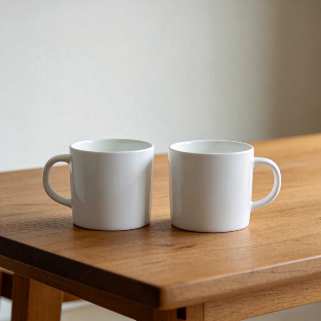 Two plain white coffee mugs sitting side by side on a wooden table. They are identical in shape, size, color, and orientation. Soft daylight, clean background. No text.