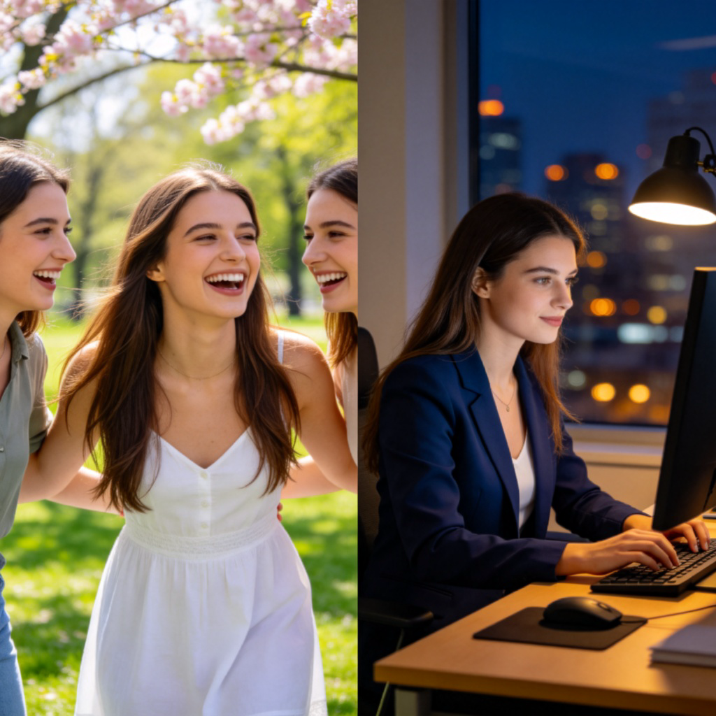A split-screen photo. On the left, a young woman is laughing with friends in a park during the day. On the right, the very same woman is working attentively at a computer in an office in the evening. The focus is on her being recognizably the same person in two different settings.