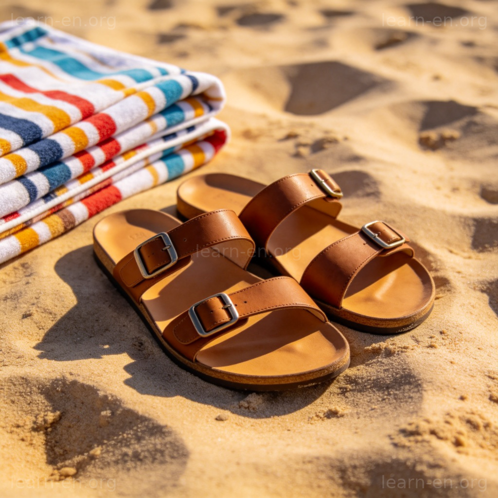 sandals 凉鞋图解：一双平底皮带凉鞋置于沙滩毛巾旁