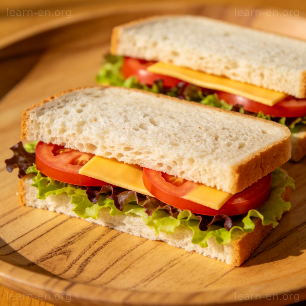 三明治 sandwich 图解：木板上两片面包夹着生菜番茄奶酪