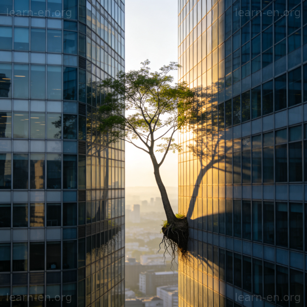 动词 sandwich 场景：一棵小树被夹在两栋摩天大楼中间