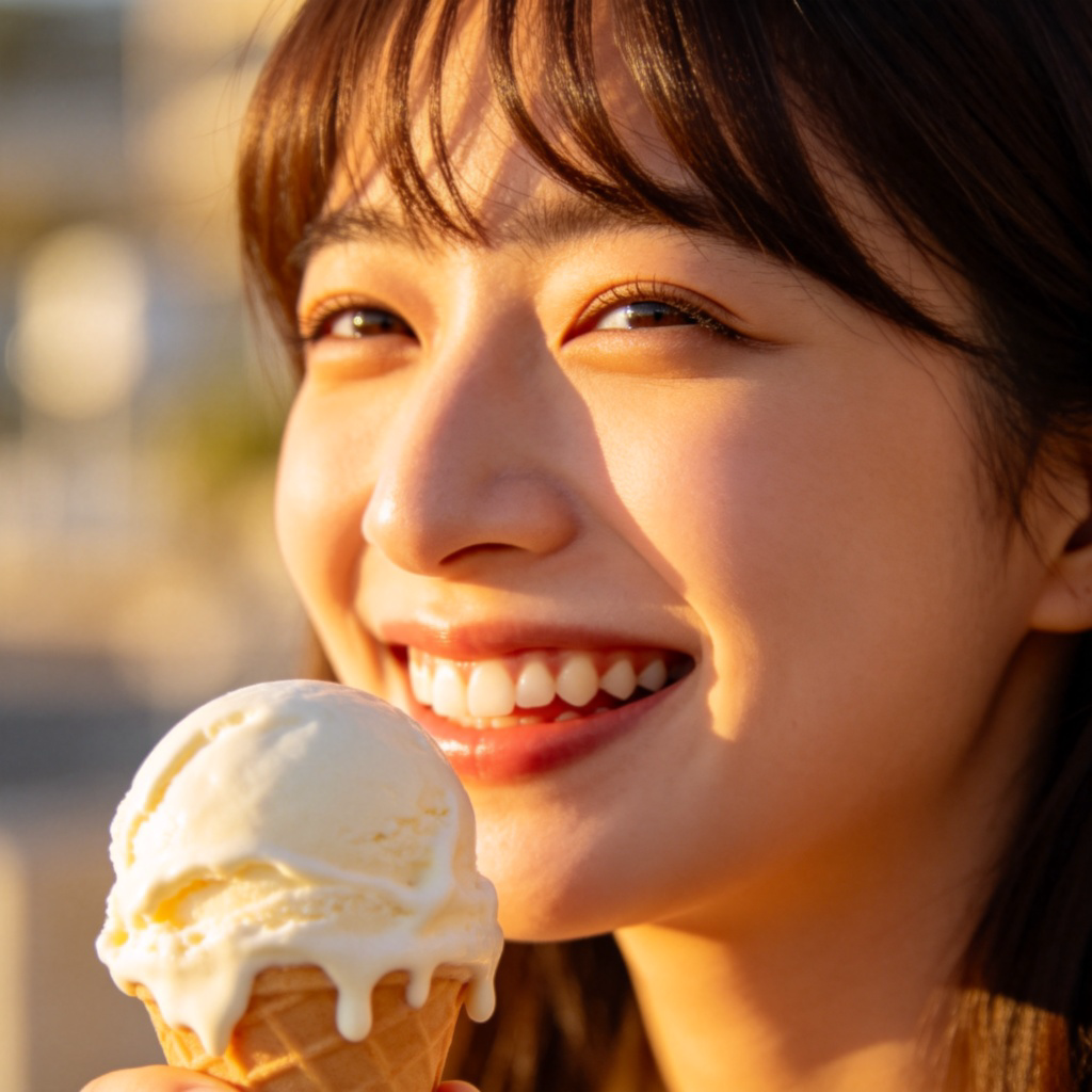 A person smiling happily while eating a scoop of their favorite ice cream, showing a look of pure contentment. Warm daylight, shallow depth of field focusing on the person's joyful expression and the ice cream. No text.