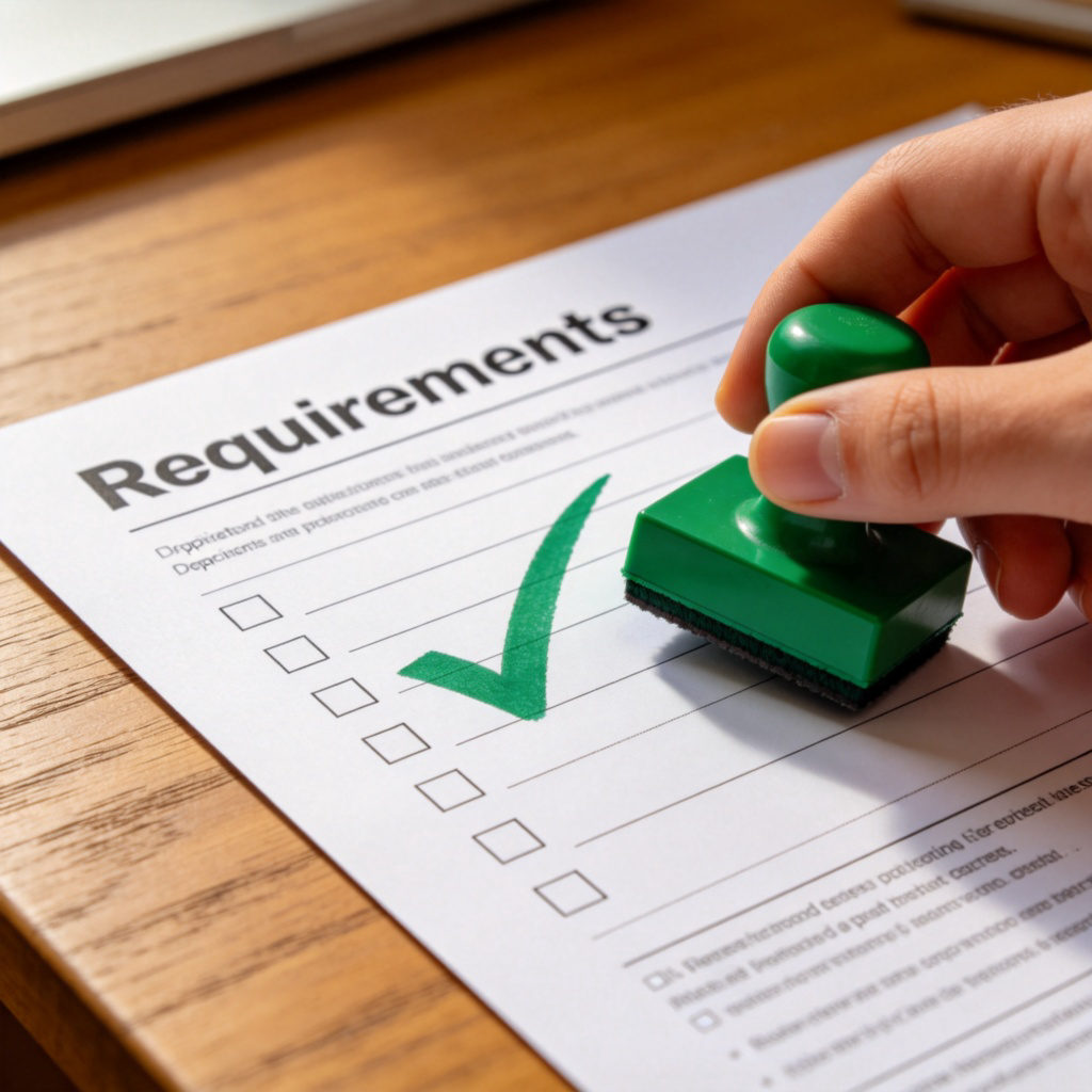 A close-up of a hand placing a large green checkmark stamp onto a printed application form that reads "Requirements." The form is on a wooden desk, with the checkmark clearly visible and covering several list items. No text on the checkmark.
