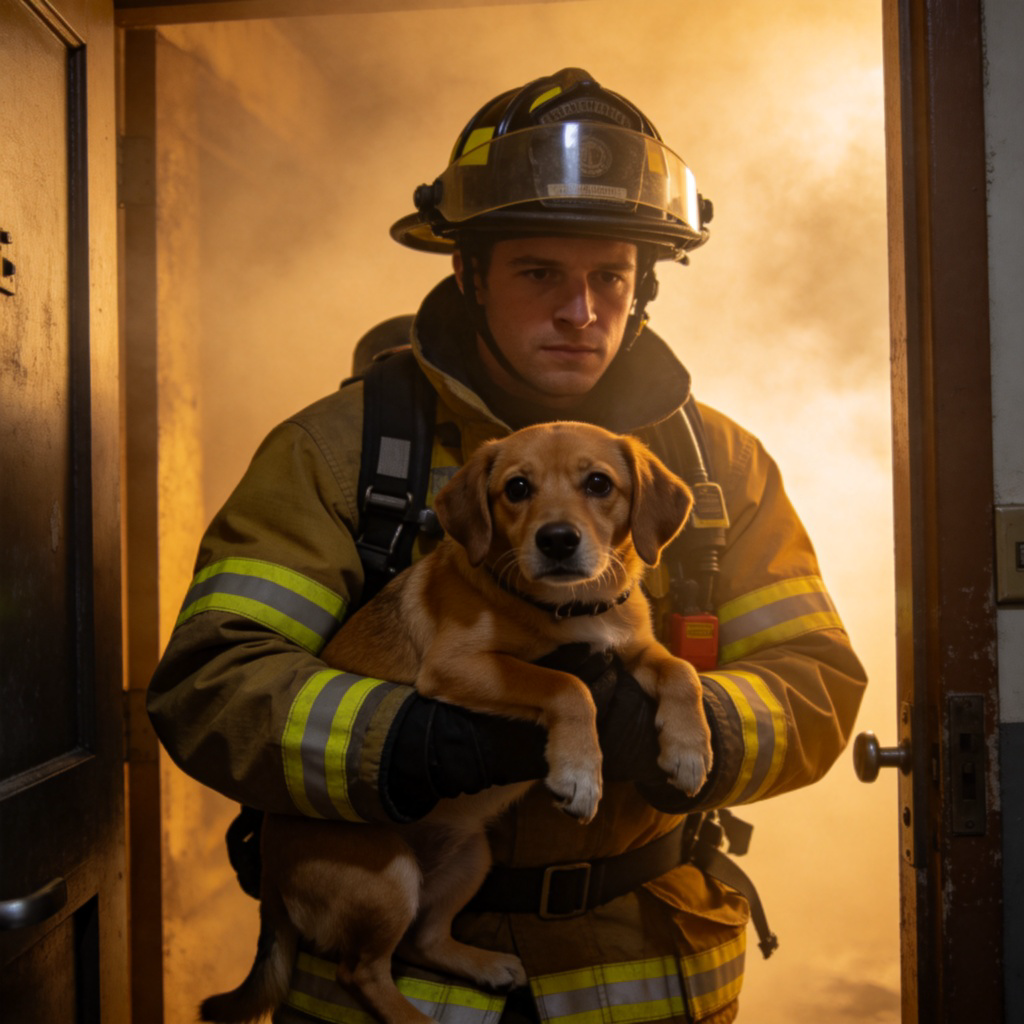 A firefighter in full gear, gently carrying a small, scared-looking dog out of a smoky doorway. The firefighter's expression is focused and caring. The scene is dramatic but not terrifying, with soft smoke in the background. No text, realistic style.