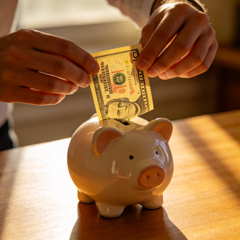 A close-up of a person's hands putting a crisp ten-dollar bill into a classic ceramic piggy bank on a wooden table. Sunlight falls on the scene, creating a warm and positive feeling about planning for the future. No text, realistic style.