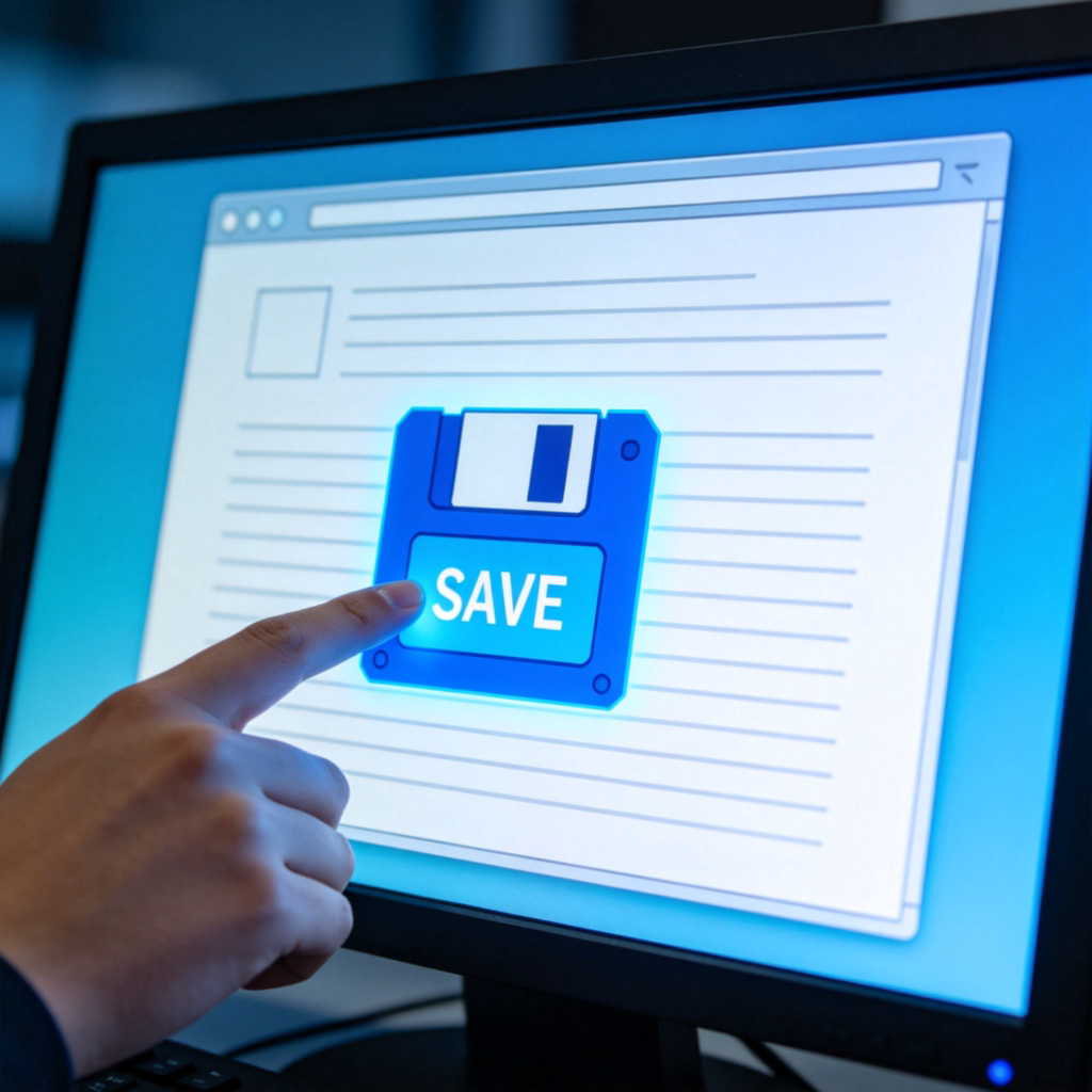 A person's finger clicking a bright, blue floppy disk icon labeled "SAVE" on a computer screen. The screen shows a simple text document. The focus is on the action of clicking the save button to prevent data loss. Clean, modern digital interface. No text on the image besides the UI element.