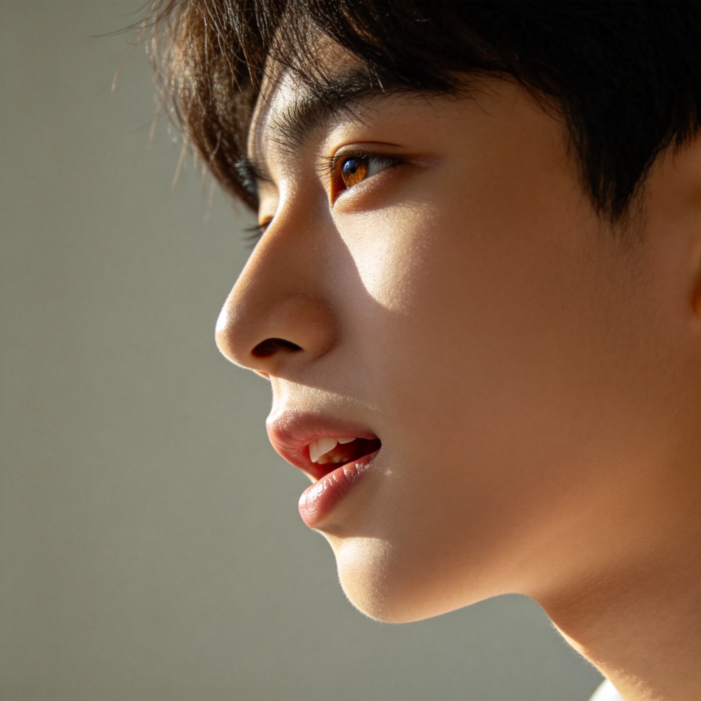 A close-up side view of a young person's face, with their mouth slightly open as if speaking. Soft, natural lighting from the front, plain background to keep focus on the action of speaking. No text or logos.