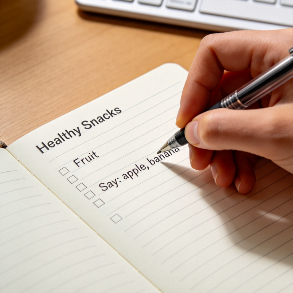 A person's hand writing a list on a notepad with a pen. The list title is 'Healthy Snacks' and below it are bullet points. The first point says 'Fruit', and the second point starts with 'Say: apple, banana'. Clean desk, natural light. No text other than the handwritten list.