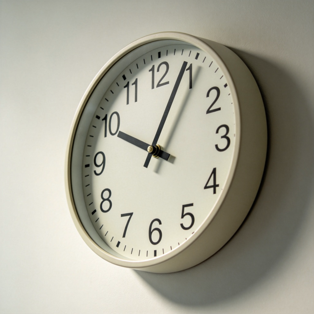 A close-up of a classic round wall clock, showing the time clearly at 10:10. The focus is sharp on the clock face and hands against a plain light-colored wall. Natural daylight. No text or numbers beyond the clock's own.