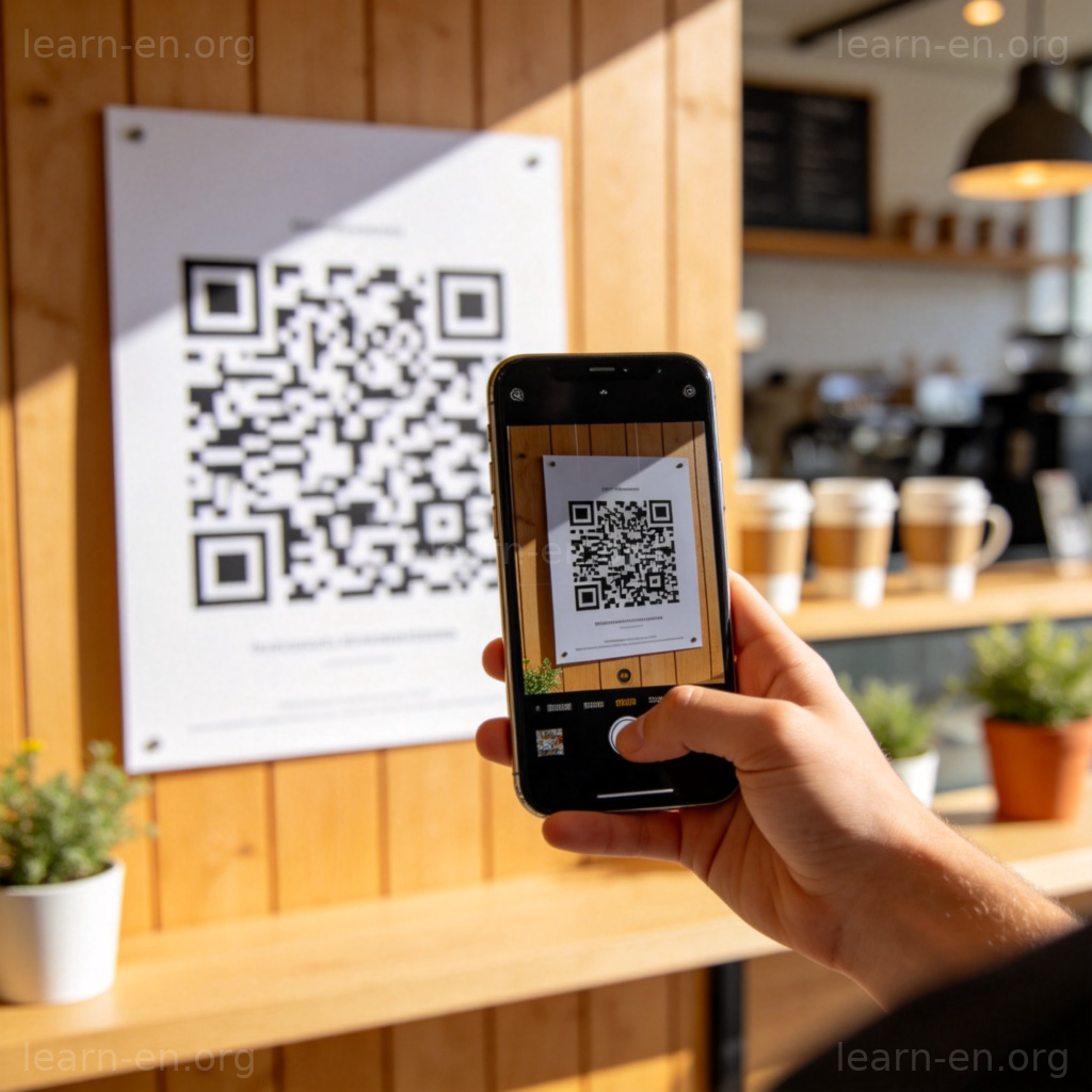 Scan QR Code 图解：在明亮咖啡馆中用手机扫描海报上的二维码