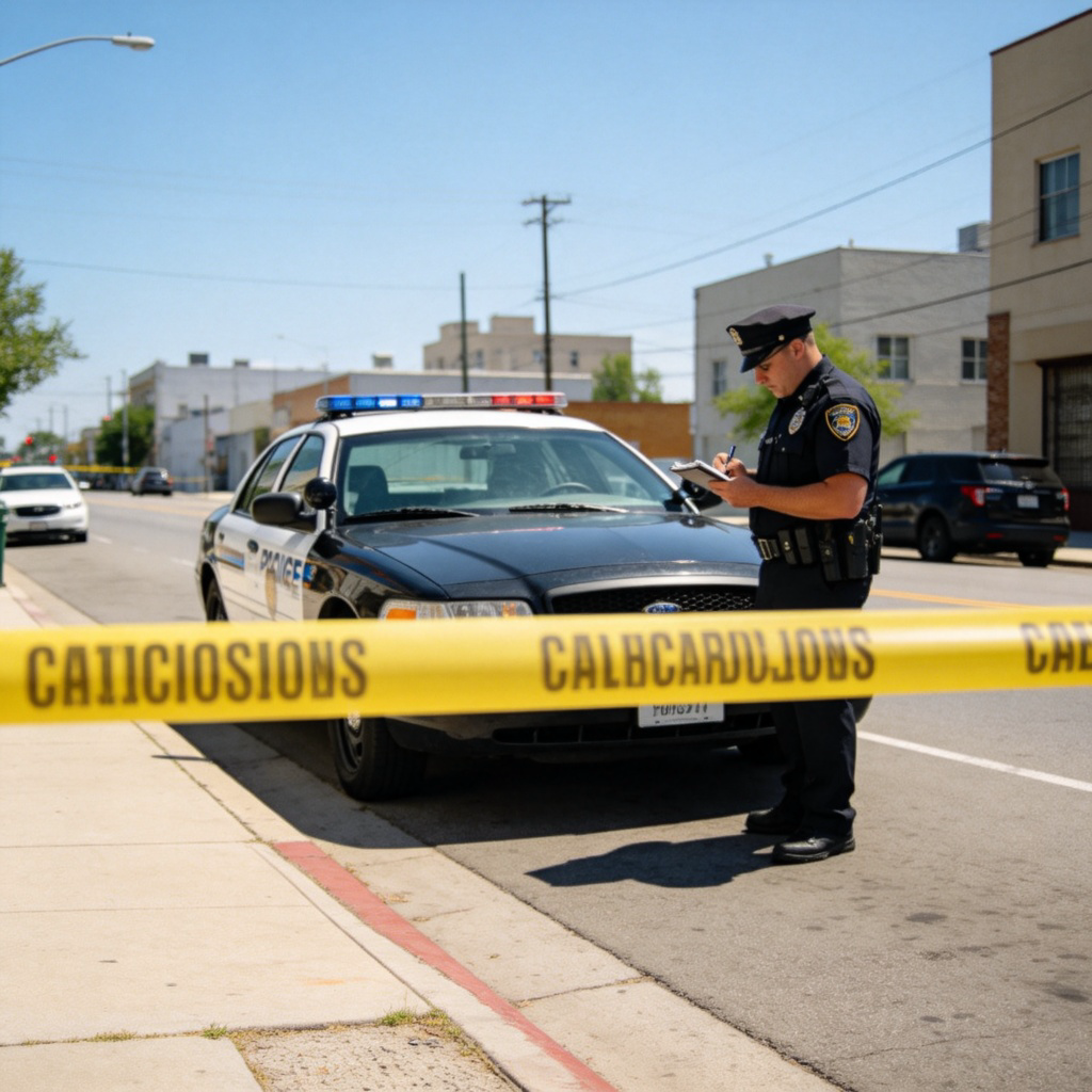 A daytime street view with police caution tape cordoning off an area. A police car is parked nearby, and an officer is taking notes. The focus is on the taped-off section as the main scene, with clear lighting and a simple urban background. No text or logos.