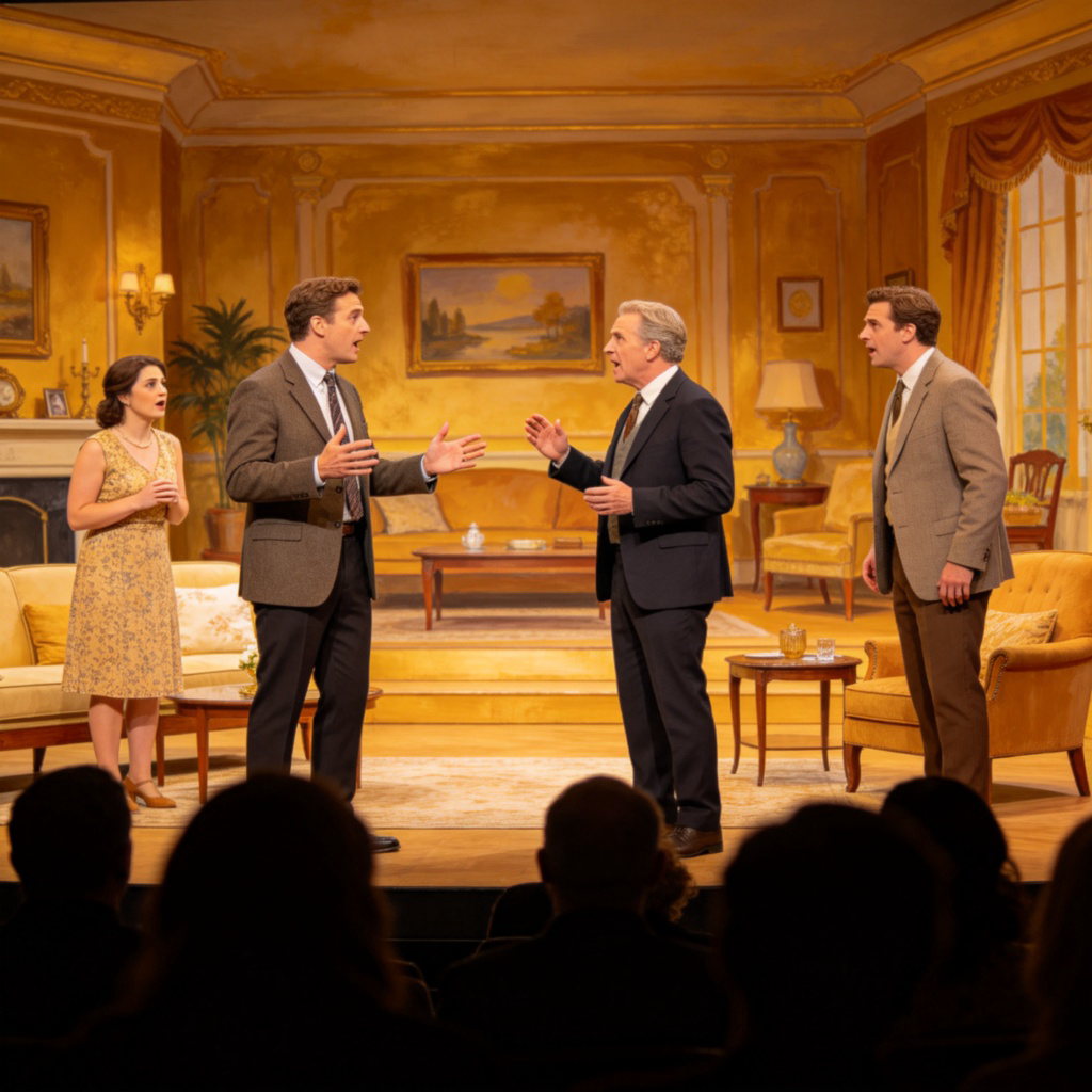 A close-up view of actors performing on a theater stage. One actor is speaking, others are reacting, with a detailed painted backdrop of a living room. Stage lights illuminate the scene, and the audience is out of focus in the darkness. No text.