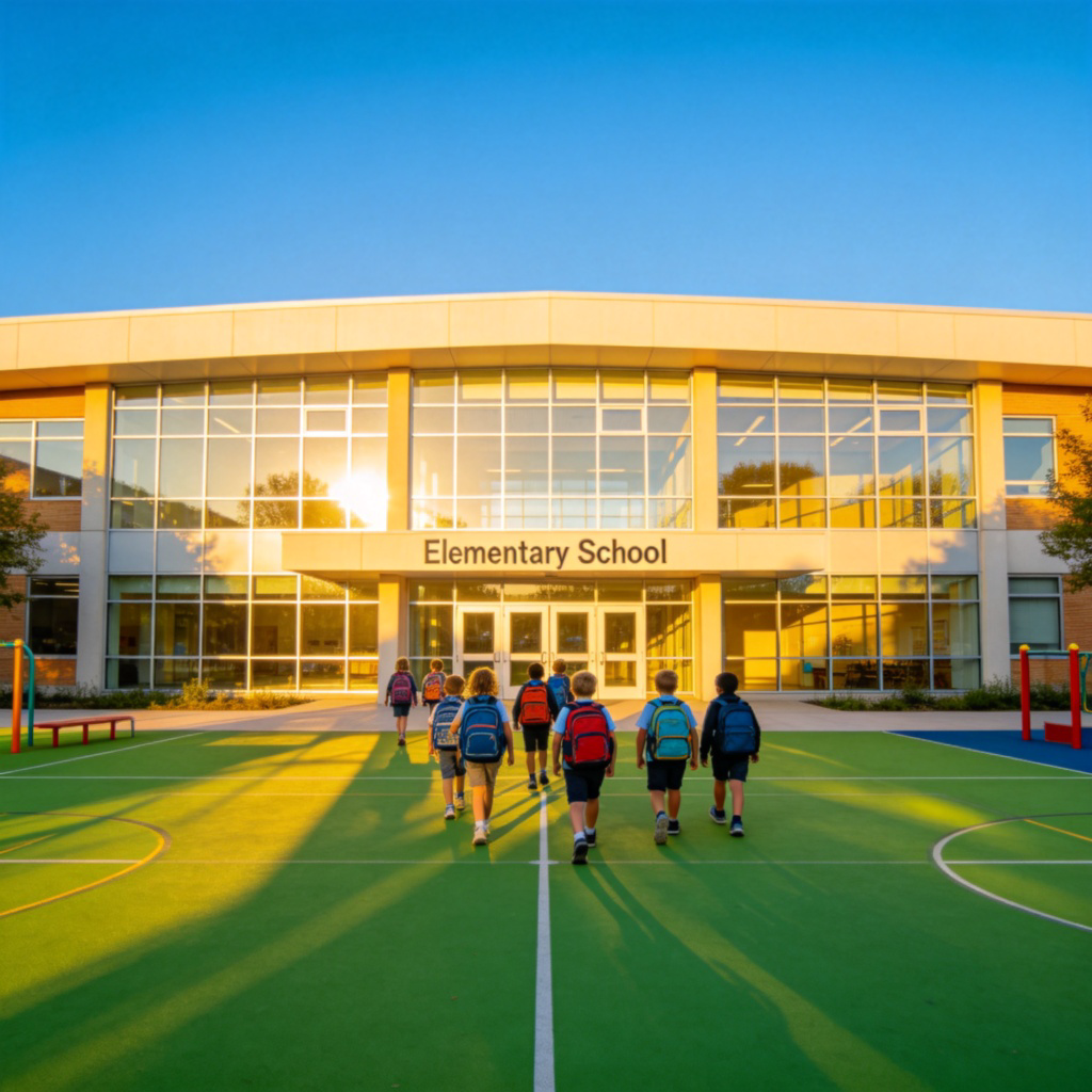 A modern school building with a big green playground in front. The main building has wide glass windows and a sign reading 'Elementary School'. A group of children are walking towards the entrance with backpacks, under a sunny blue sky. The building is the clear focal point.