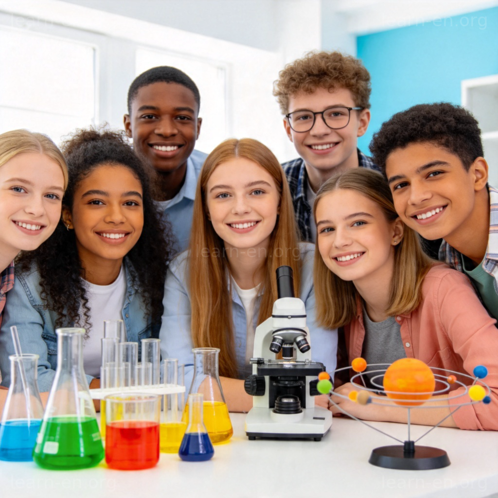 Science classroom with students exploring microscope and solar system model