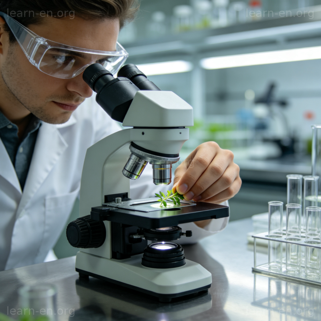 Researcher placing plant sample under microscope in laboratory