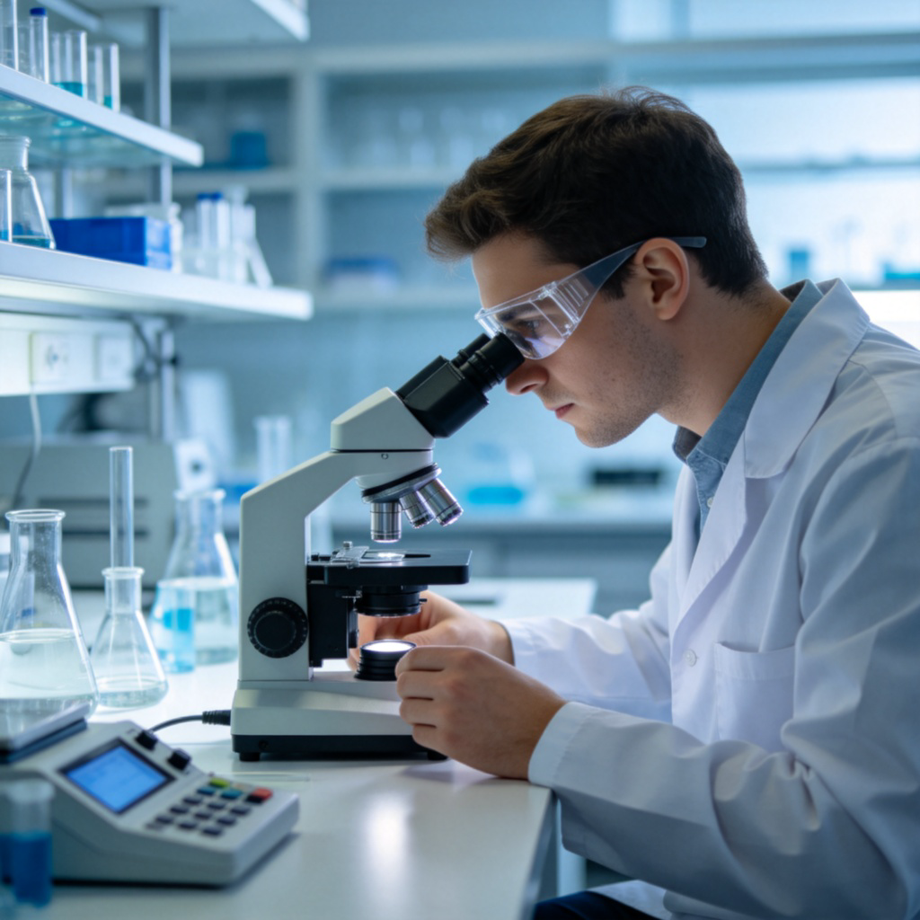 scientist 科学家图解：实验室中专注使用显微镜的研究人员