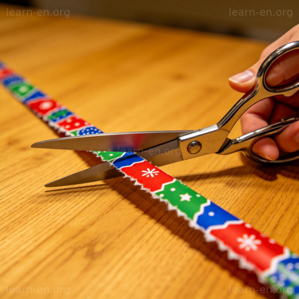 scissors 剪刀图解：手持银色剪刀在木桌上裁剪彩色包装纸