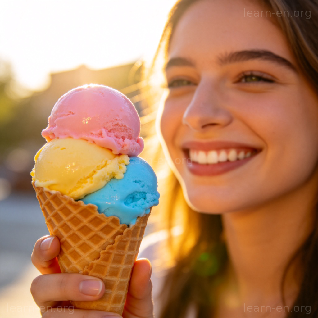 Three colorful scoops of ice cream on a waffle cone in sunlight