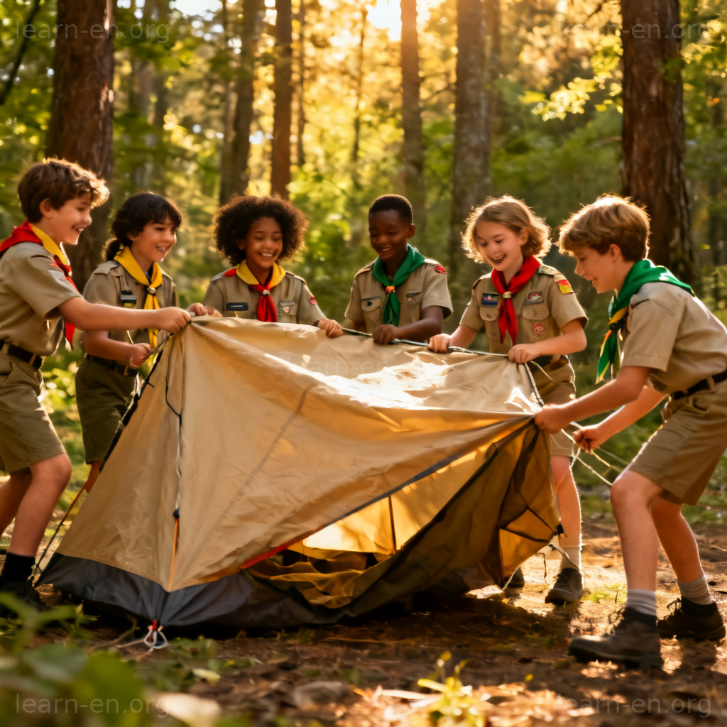 Scouts association members pitching a tent together in forest.
