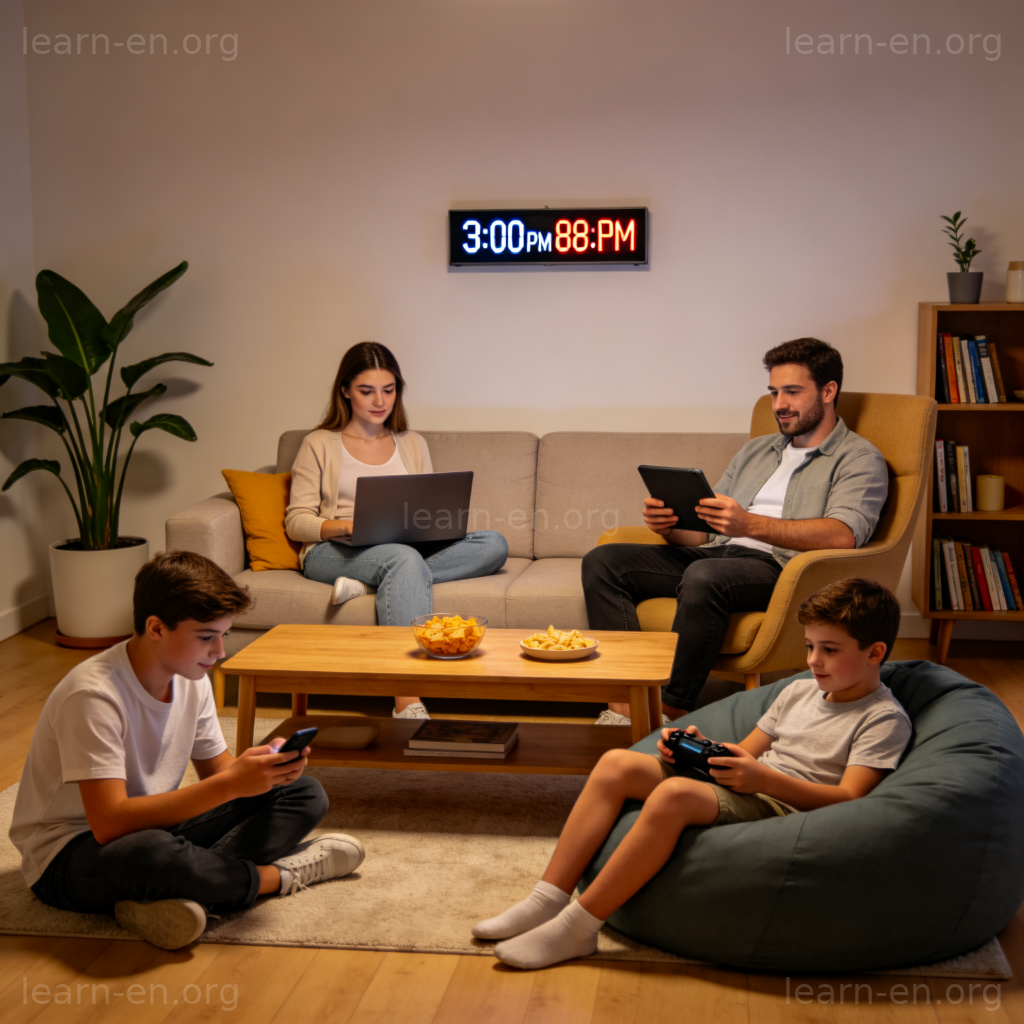 Screen Time 图解：一家人各自看屏幕，时钟显示时间流逝