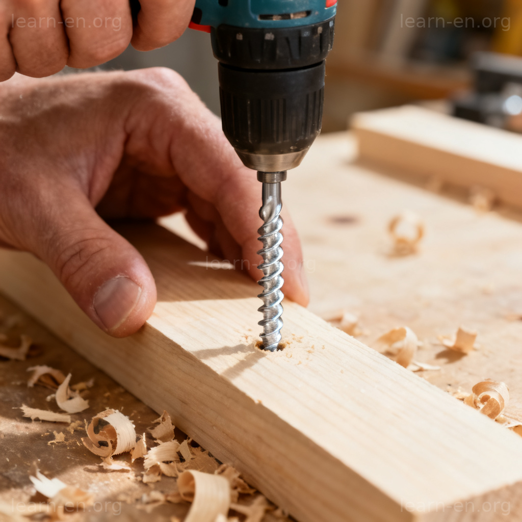 Screw verb action showing hand using screwdriver on wood