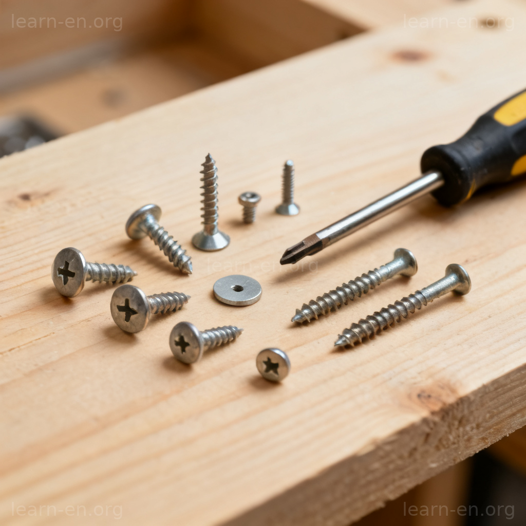 Screw noun types flat lay of different metal fasteners