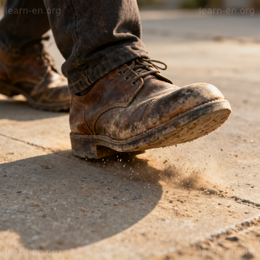 Scuffle sound illustration: close-up of shoes scraping on concrete, depicting the shuffling noise.