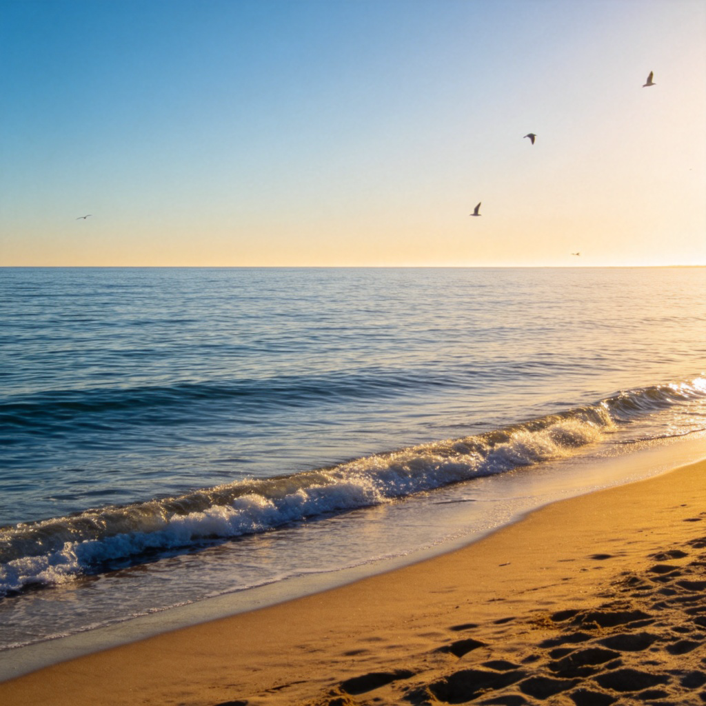 A wide-angle view of a sunny beach with gentle blue waves lapping at the shore. The vast sea stretches to the horizon, meeting a clear blue sky. A few seagulls fly in the distance. The focus is on the expanse of water. No text.