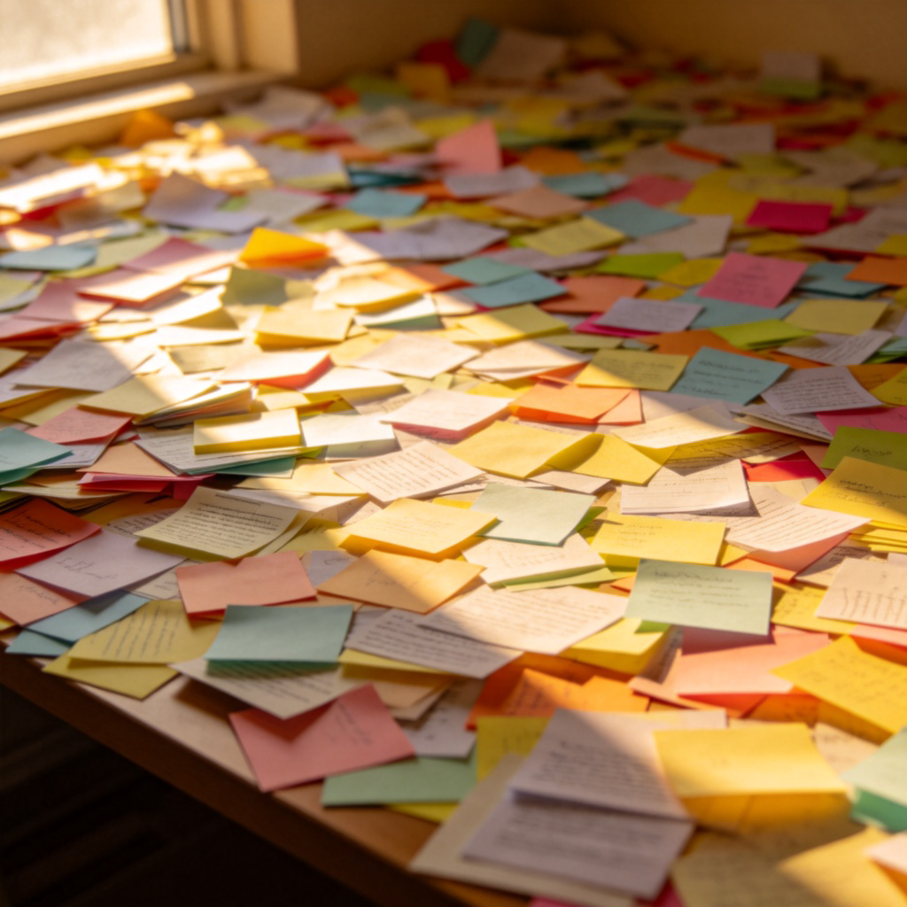 A top-down view of a messy desk covered with a huge number of colorful sticky notes and scattered papers, representing an overwhelming amount of work or information. The papers fill almost the entire frame, creating a dense, chaotic pattern. Natural light from a window. No text.