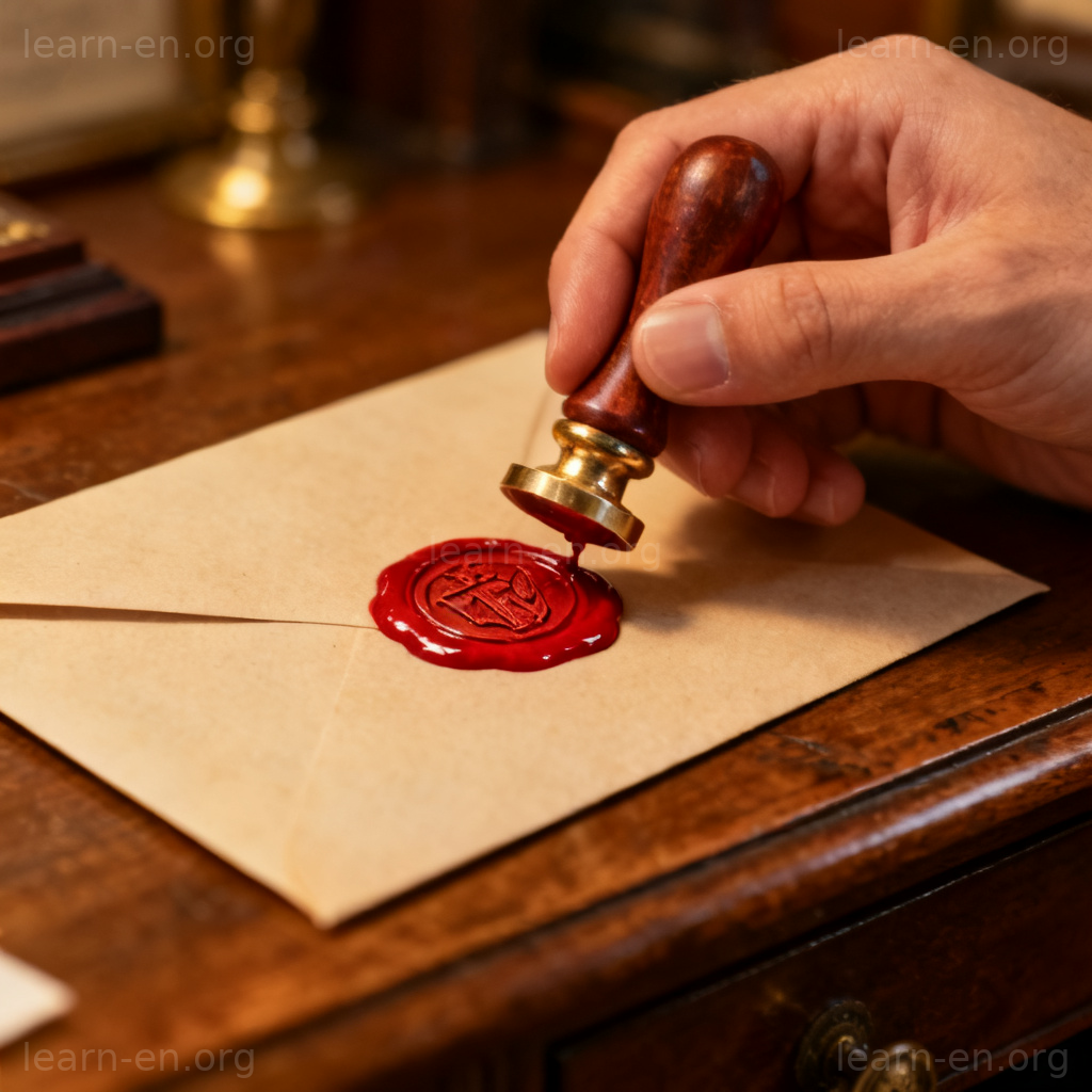 Seal a document scene showing a hand using a wax seal stamp on an envelope.