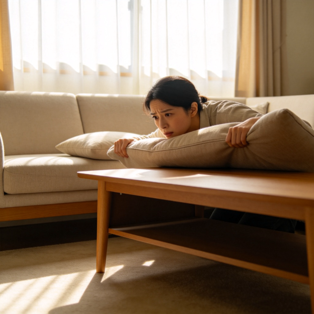 A person looking slightly worried, lifting sofa cushions and looking underneath a coffee table in a living room. The focus is on their action of seeking. Soft morning light from a window. No text or logos.